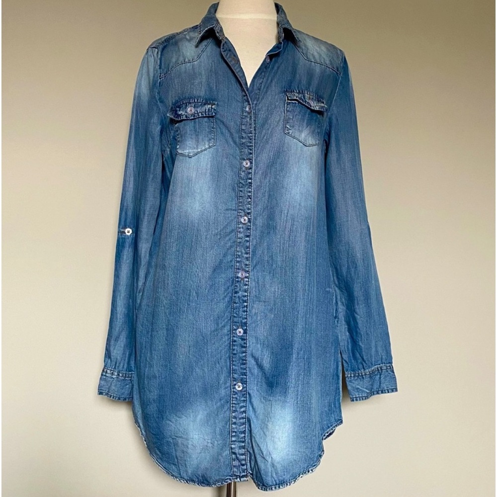Vici Chambray Pocketed Button Down Shirt Dress, M